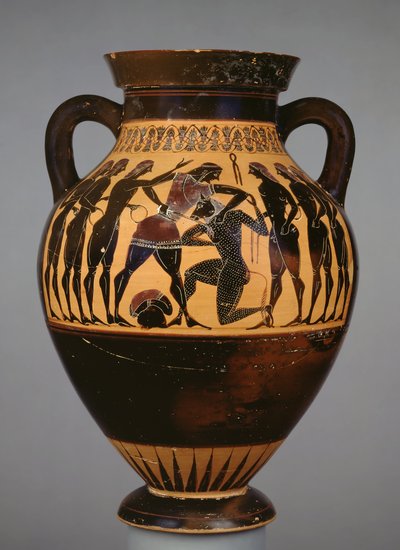 Amphore à figures noires attiques montrant Thésée et le Minotaure observés par six jeunes - Greek