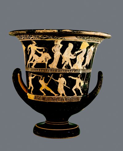 Calyx-krater à figures rouges attiques représentant (en haut) les exploits de Thésée et (en bas) les satyres Sikinnis, Komos et Simos allumant des torches avec des charbons que Prométhée porte dans une tige de fenouil, c.420 av. J.-C. - Greek