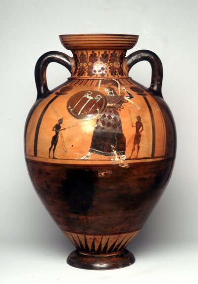 Vase à figures noires représentant Athéna brandissant un bouclier et une lance, 550 av. J.-C. (céramique) - Greek