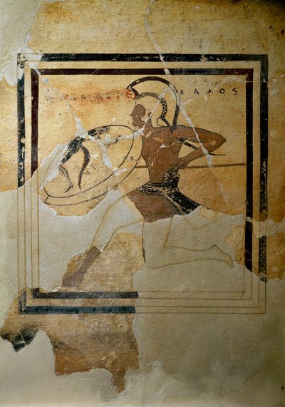 Art grec : pinax (tablette votive) en terre cuite représentant un hoplite en pleine course - Greek