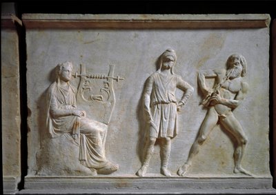 Art grec : concours de musique entre Apollon et Marsyas (jouant de l