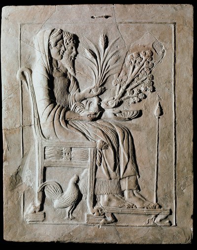 Art grec : tablette votive en terre cuite de Perséphone sur le trône et Hadès de Locri. 470 av. J.-C. Reggio de Calabre, Musée National - Greek