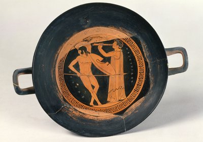 Coupe à figures rouges grecque, représentant un guerrier dansant le Pyrrhique, par Aristeides l
