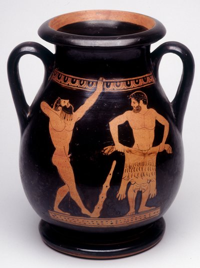 Peinture sur vase : Héraclès (Hercule) se prépare à enduire la peau du lion, un athlète à sa gauche s