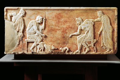 Stèle représentant un combat entre un chien et un chat, 510 av. J.-C. (relief) - Greek