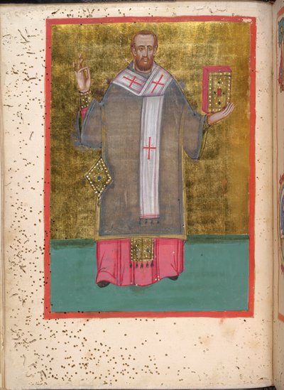 Egerton 2392, f.5v, Miniature de Jean Chrysostome debout tenant un livre, de 