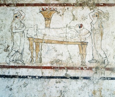 Nécropole de Gaudo, peinture murale lucanienne représentant la défunte sur son lit de mort, 340 av. J.-C. - Greek School