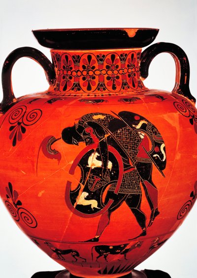 Civilisation grecque, VIe siècle av. J.-C. Poterie à figures noires. Amphore représentant Ajax portant le corps d