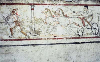 Fresque lucanienne représentant un gladiateur et un homme sur un char, Paestum 350-330 av. J.-C. - Greek School