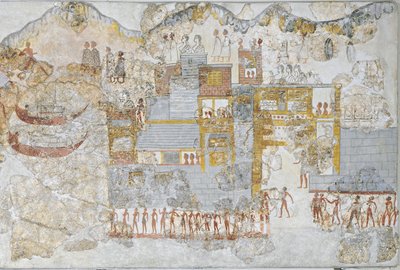 Fresque miniature représentant une flotte navale quittant le quai, de la maison ouest de Théra ou Santorin, Grèce - Greek School