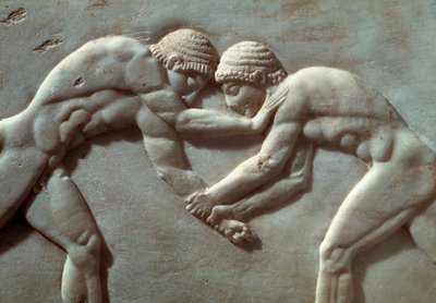Concours entre athlètes, relief de la Nécropole de Kerameikos à Athènes, Grèce, (détail), civilisation grecque, VIe siècle av. J.-C. - Greek School