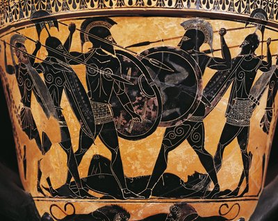 Civilisation grecque, poterie à figures noires, Cratère représentant la lutte pour le corps de Patrocle, de Farsala, Grèce - Greek School