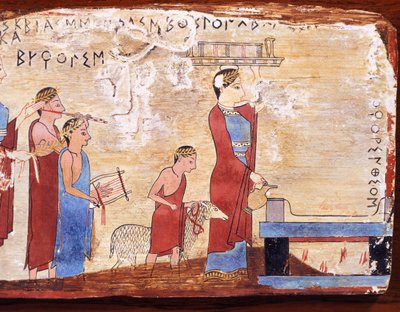 Scène montrant un sacrifice, tablette peinte de Pitsa, Grèce, civilisation grecque, 6ème siècle av. J.-C. - Greek School