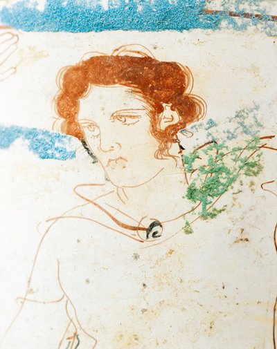 Potterie à fond blanc, lécythe attique représentant une scène funéraire avec un guerrier devant une tombe (détail) - Greek School