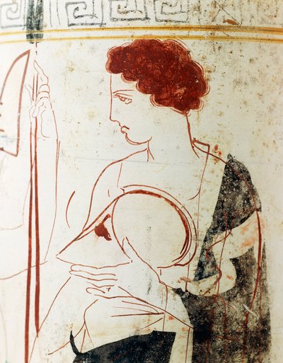 Potterie à fond blanc, lécythe attique représentant une scène funéraire avec un guerrier devant une tombe, détail - Greek School