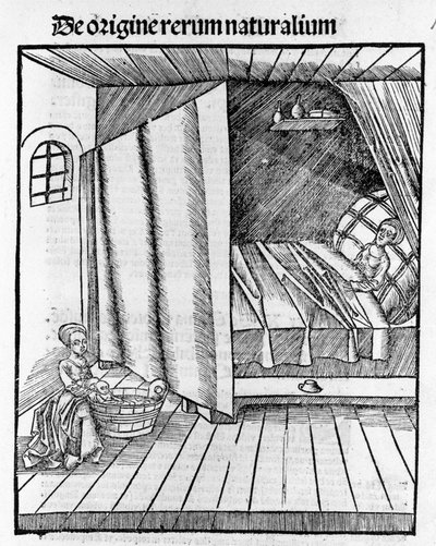 Une sage-femme nettoie le nouveau-né pendant que la mère se repose. Gravure dans « Margarita Philosophica » par Gregor Reisch (1467-1525), Bâle - Gregor Reisch