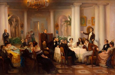 Pouchkine et ses amis écoutent Adam Mickiewicz dans le salon de la princesse Zinaida Volkonskaya, 1899 - Grigori Grigorievich Mjasoedov