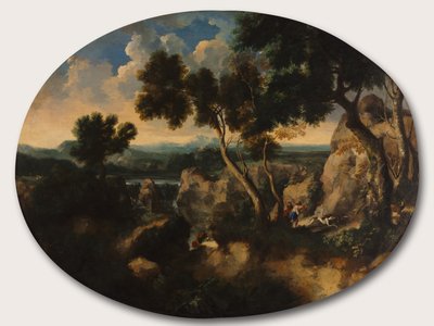 Paysage rocheux avec chasseurs - Gu Tianzhi
