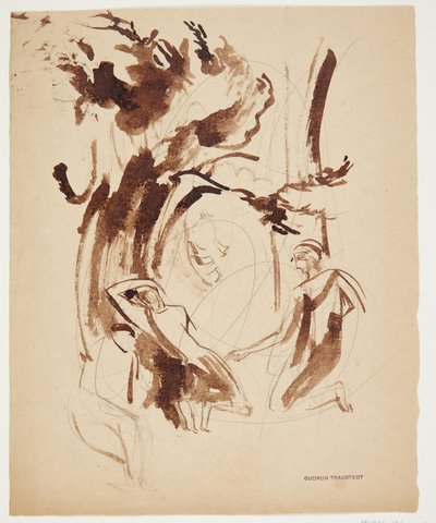 Scène antique avec figure agenouillée et couchée sous un arbre - Gudrun Traustedt
