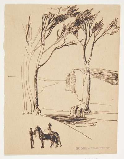 Paysage idéal. Au premier plan, un homme avec deux chevaux - Gudrun Traustedt