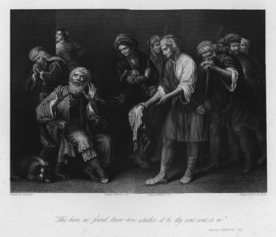 Jacob trompé par le manteau ensanglanté, Genèse XXXVII, 32 (gravure) - Guercino