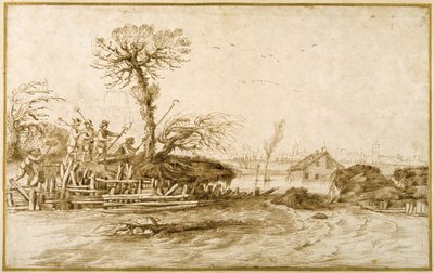 Une rivière en crue, et des paysans avec des haches et d