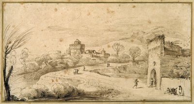 Paysage avec une porte crénelée et une route sinueuse - Guercino