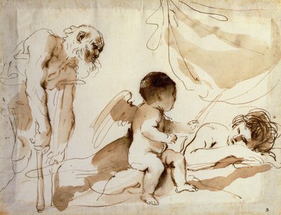 Homme avec des béquilles, Cupidon et Vénus endormie - Guercino