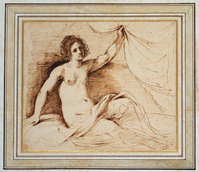 Une femme nue allongée soulevant un rideau - Guercino