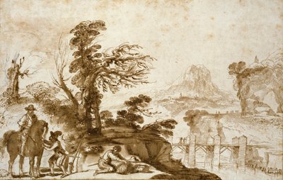 Paysage avec un cavalier et un pont, début du 17e siècle - Guercino