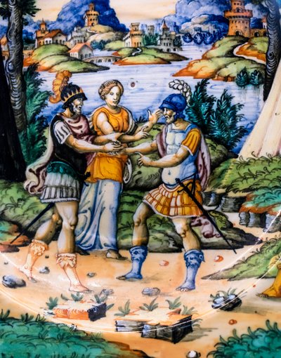 Plat : Latinus et Aeneas, détail, vers 1540 (majolique) - Guido (attr. to) Durantino
