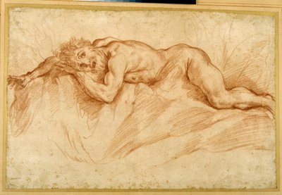Un homme nu terrifié, allongé sur un sol rocheux - Guido Reni