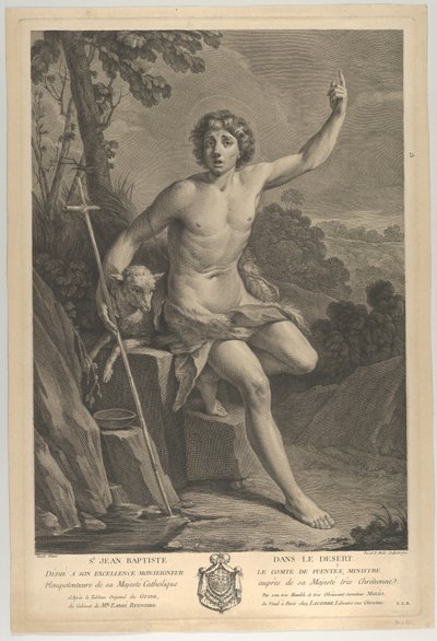 Saint Jean-Baptiste dans le désert, assis sur un rocher et pointant vers le haut avec sa main gauche, 1770 - Guido Reni