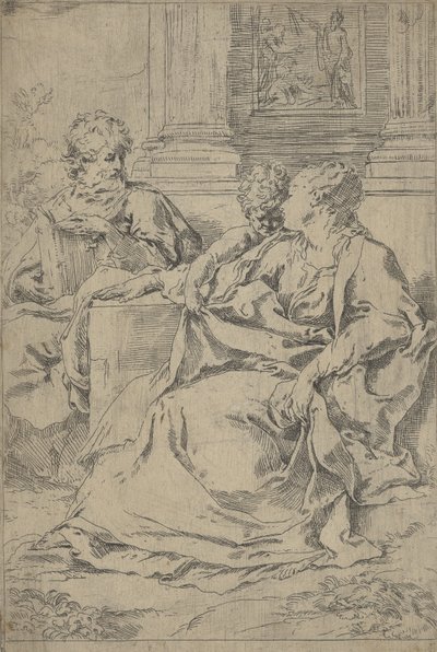 La Sainte Famille assise ensemble devant une colonnade, Saint Joseph lisant - Guido Reni