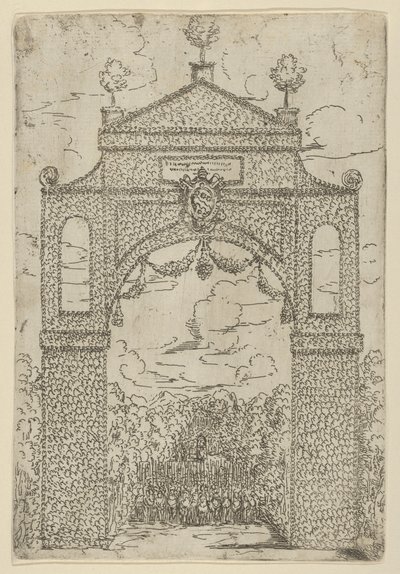 Arc de triomphe couvert de feuillage avec des troupes montées en dessous, une décoration temporaire pour, 1599 - Guido Reni