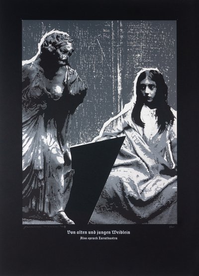 Sur les petites vieilles et les jeunes femmes, Ainsi parlait Zarathoustra, 2024 (gravure sur bois et sérigraphie) - Guilherme Pontes