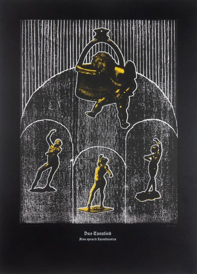 Le chant dansant, Ainsi parlait Zarathoustra, 2024 (gravure sur bois et sérigraphie) - Guilherme Pontes