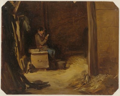 Garçon lisant des lettres dans une étable - Guillaume Anne van der Brugghen