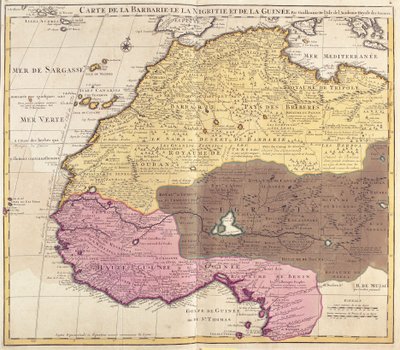 Carte de Barbarie (Maroc, Algérie, Tunisie, Libye), Nigritude (Mali, Burkina Faso, Niger) et Guinée (Sénégal, Guinée, Sierra Leone, Liberia, Côte d