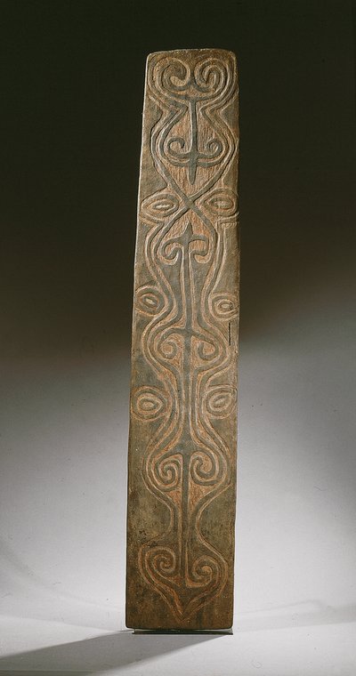 Bouclier rectangulaire de Nouvelle-Guinée, décoré de volutes sculptées en relief, le dos avec six tenons sculptés pour tenir des boucles en rotin, rivière April - Guinean New