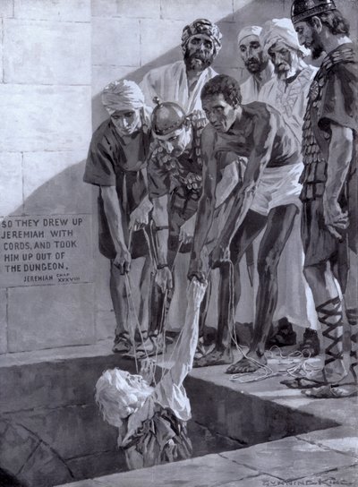 Jérémie remonté du puits où il a été jeté sur les conseils des princes du roi Sédécias (lithographie) - Gunning King