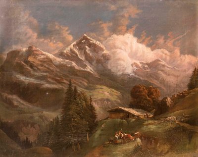 Alpage animé avec vue sur les sommets alpins - Großglockner? - Gustav Barbarini