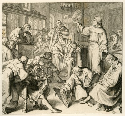 Martin Luther en discussion avec Dr. Johannes Eck (Johann Maier von Eck) (1486-1543), à côté de Luther se trouvent Philipp Melanchthon (1497-1560) et Karlstadt (Andreas Rudolf Bodenstein von Karlstadt) - Gustav Ferdinand Leopold Konig