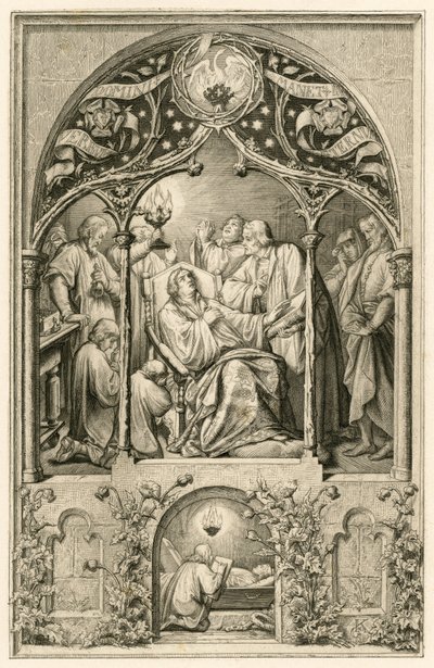 La mort de Martin Luther, ses deux fils agenouillés devant lui, Dr. Justus Jonas prononçant les derniers mots, derrière eux Michael Coelius priant, Johannes Aurifaber avec un candélabre, le docteur Simon Wild avec des médicaments et à droite le comte Albre - Gustav Ferdinand Leopold Konig
