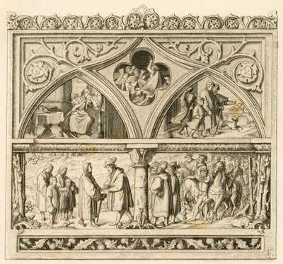 Le voyage de Martin Luther chez le comte Mansfeld (Hoyer VI de Mansfeld-Vorderort (1477-1540) ; image en haut à gauche : la triste Katharina, au milieu : la rivière en rage Saale, à droite : Luther avec ses fils. image en bas : Luther et le comte - Gustav Ferdinand Leopold Konig