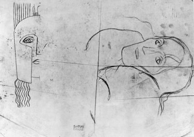Études pour Ver Sacrum 1900 - Pallas Athene et une Tête Tragique, 1897-98 (crayon et crayon bleu sur papier calque) - Gustav Klimt