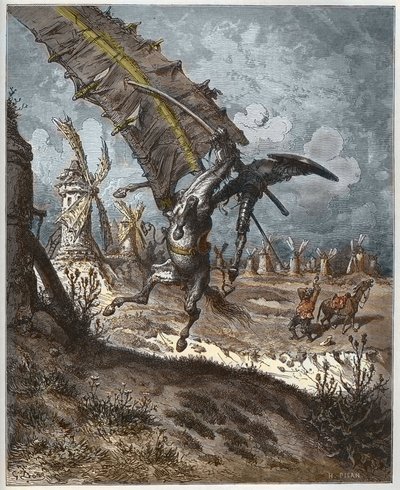 Don Quichotte et les moulins à vent de « Don Quichotte de la Manche » par Miguel Cervantes (1547-1616) - gravé par Heliodore Joseph Pisan (1822-90) d