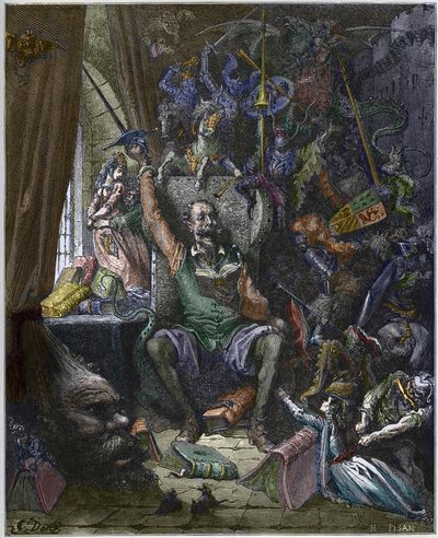 Don Quichotte dans son étude entouré des fantômes de ses rêveries - "Don Quichotte de la Manche" par Miguel Cervantes (1547-1616) gravé par Heliodore Joseph Pisan (1822-90) d
