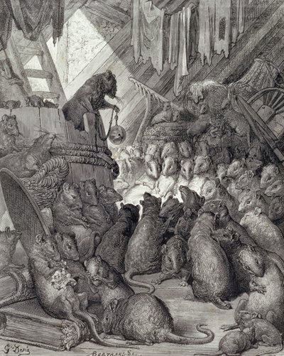 Le Conseil tenu par les rats, des Fables de La Fontaine, gravé par Antoine Valérie Bertrand - Gustave (after) Dore