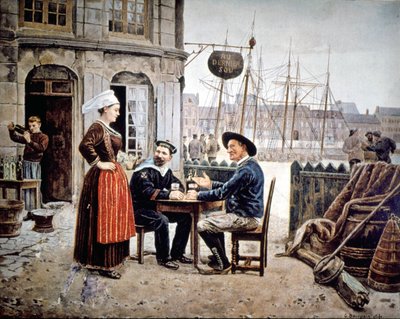 2 hommes (un marin et un pêcheur breton) dans un bar discutant avec une serveuse bretonne, Saint-Malo - Gustave Bourgain